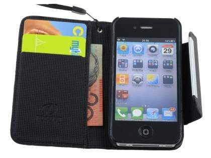 Stylish Synthetic Leather Wallet Case with Strip for iPhone 4/4S - Classic Black