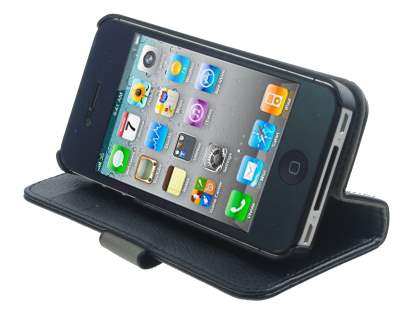 iPhone 4/4S Slim Synthetic Leather Wallet Case with Stand - Classic Black