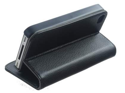 iPhone 4/4S Slim Synthetic Leather Wallet Case with Stand - Classic Black