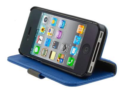 iPhone 4/4S Slim Synthetic Leather Wallet Case with Stand - Blue