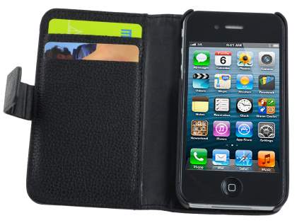 Premium iPhone 4S/4 Genuine Leather Wallet Case - Classic Black