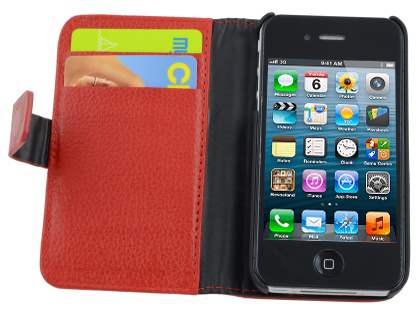Premium iPhone 4S/4 Genuine Leather Wallet Case - Red