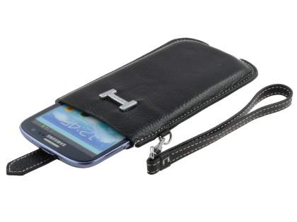 k-cool Genuine Leather Slide-in Case with Strap for Phones - Classic Black