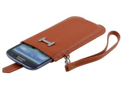 k-cool Genuine Leather Slide-in Case with Strap for Phones - Burned Orange