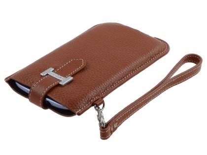 k-cool Genuine Leather Slide-in Case with Strap for Phones - Brown