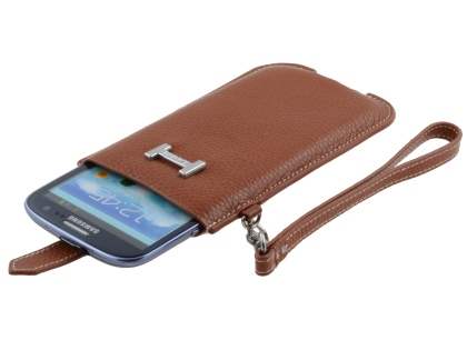 k-cool Genuine Leather Slide-in Case with Strap for Phones - Brown