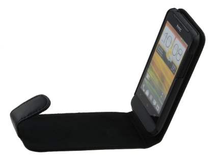 Genuine Leather Flip Case for HTC One V - Black