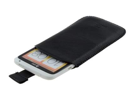 Synthetic Leather Slide-in Case with Pull-out Strap for HTC One X / XL / X+ - Classic Black
