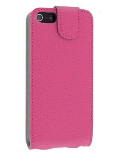 Slim Textured Genuine Leather Flip Case for iPhone SE(1st Gen)/5s/5 - Amaranth Pink Leather Flip Case