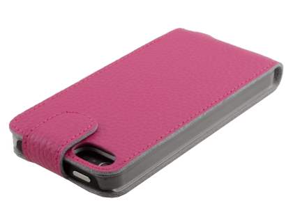 Slim Textured Genuine Leather Flip Case for iPhone SE(1st Gen)/5s/5 - Amaranth Pink