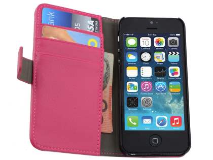 Synthetic Leather Wallet Case with Stand for iPhone SE(1st Gen)/5s/5 - Hot Pink