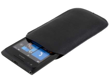 Synthetic Leather Slide-in Case with Pull-out Strap for Nokia Lumia 900 - Classic Black