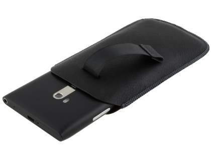 Synthetic Leather Slide-in Case with Pull-out Strap for Nokia Lumia 900 - Classic Black