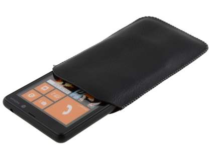 Synthetic Leather Slide-in Case with Pull-out Strap for Nokia Lumia 820 - Classic Black