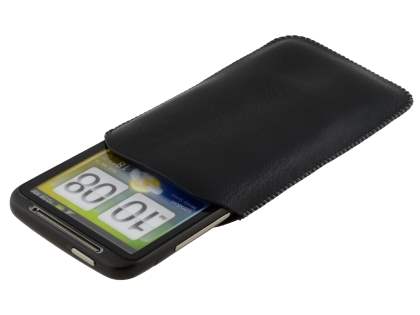 Synthetic Leather Slide-in Case with Pull-out Strap for HTC Desire HD - Classic Black