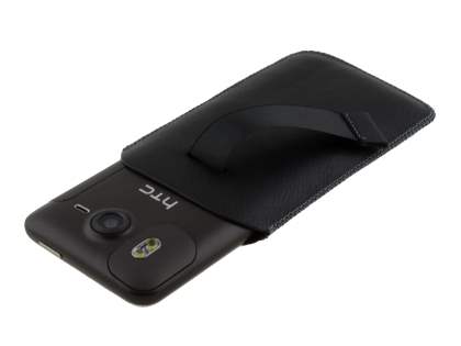 Synthetic Leather Slide-in Case with Pull-out Strap for HTC Desire HD - Classic Black