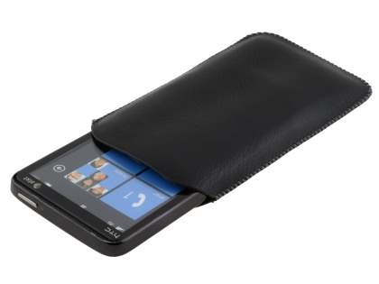 Synthetic Leather Slide-in Case with Pull-out Strap for HTC HD7 - Classic Black
