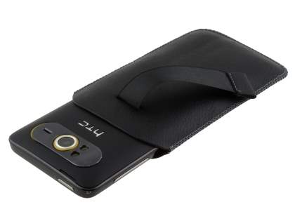 Synthetic Leather Slide-in Case with Pull-out Strap for HTC HD7 - Classic Black