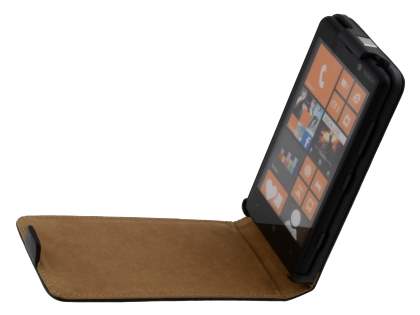 Slim Genuine Leather Flip Case for Nokia Lumia 820 - Classic Black