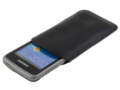 Synthetic Leather Slide-in Case with Pull-out Strap for Samsung Galaxy Xcover S5690 - Classic Black