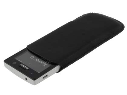 Synthetic Leather Slide-in Case with Pull-out Strap for Sony Xperia U ST25i - Classic Black