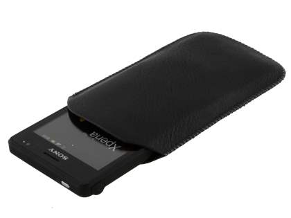 Synthetic Leather Slide-in Case with Pull-out Strap for Sony Xperia go ST27i - Classic Black