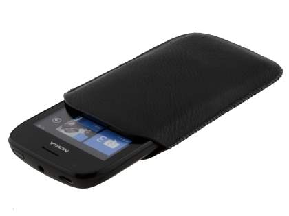 Synthetic Leather Slide-in Case with Pull-out Strap for Nokia Lumia 710 - Classic Black
