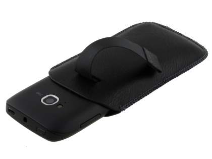 Synthetic Leather Slide-in Case with Pull-out Strap for Nokia Lumia 710 - Classic Black