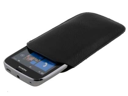 Synthetic Leather Slide-in Case with Pull-out Strap for Nokia Lumia 610 - Classic Black