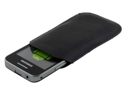 Synthetic Leather Slide-in Case with Pull-out Strap for Samsung Galaxy Ace S5830 - Classic Black
