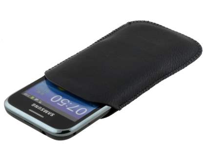 Synthetic Leather Slide-in Case with Pull-out Strap for Samsung Galaxy Ace Plus S7500 - Classic Black