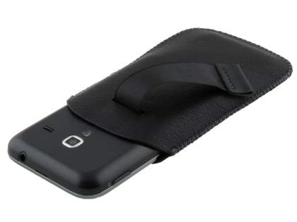 Synthetic Leather Slide-in Case with Pull-out Strap for Samsung Galaxy Ace Plus S7500 - Classic Black