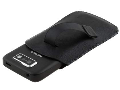 Synthetic Leather Slide-in Case with Pull-out Strap for Nokia E63 - Classic Black