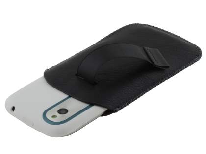 Synthetic Leather Slide-in Case with Pull-out Strap for HTC Desire X - Classic Black