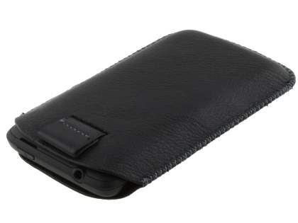 Synthetic Leather Slide-in Case with Pull-out Strap for HTC 7 Trophy - Classic Black