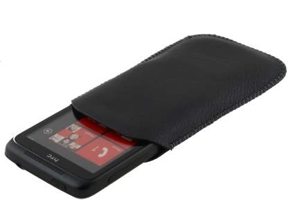 Synthetic Leather Slide-in Case with Pull-out Strap for HTC 7 Trophy - Classic Black