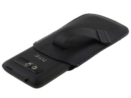 Synthetic Leather Slide-in Case with Pull-out Strap for HTC 7 Trophy - Classic Black