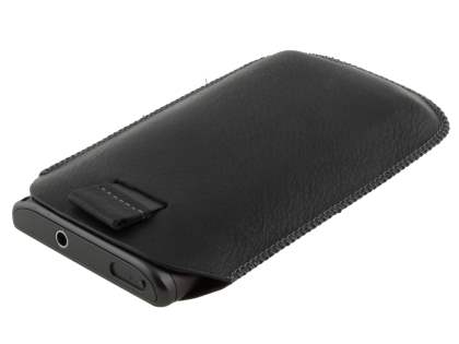 Synthetic Leather Slide-in Case with Pull-out Strap for Samsung Omnia 7 - Classic Black