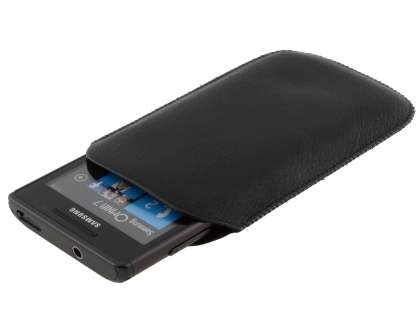 Synthetic Leather Slide-in Case with Pull-out Strap for Samsung Omnia 7 - Classic Black