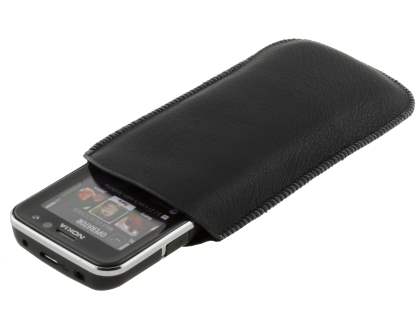 Synthetic Leather Slide-in Case with Pull-out Strap for Nokia C5 - Classic Black