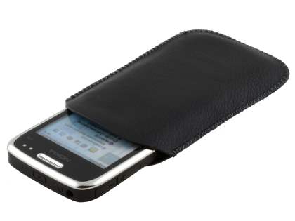 Synthetic Leather Slide-in Case with Pull-out Strap for Nokia E72 - Classic Black