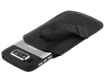 Synthetic Leather Slide-in Case with Pull-out Strap for Nokia E72 - Classic Black