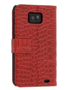 Samsung I9100 Galaxy S2 Synthetic Crocodile Skin leather Wallet Case with Stand - Red
