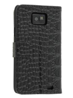 Samsung I9100 Galaxy S2 Synthetic Crocodile Skin leather Wallet Case with Stand - Black