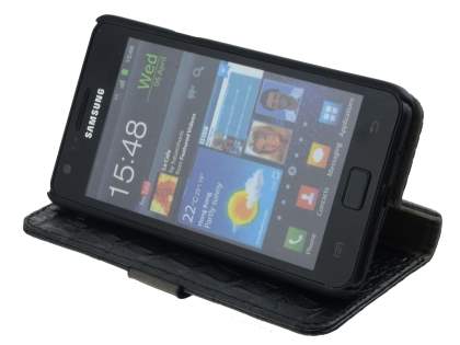 Samsung I9100 Galaxy S2 Synthetic Crocodile Skin leather Wallet Case with Stand - Black
