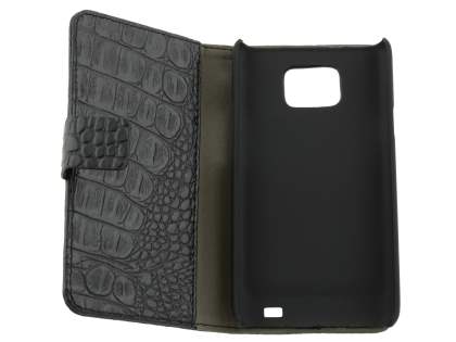 Samsung I9100 Galaxy S2 Synthetic Crocodile Skin leather Wallet Case with Stand - Black