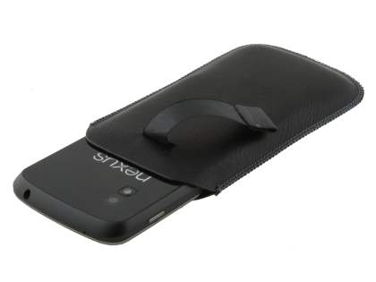 Synthetic Leather Slide-in Case with Pull-out Strap for LG Nexus 4 E960 - Classic Black