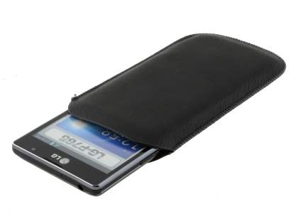 Synthetic Leather Slide-in Case with Pull-out Strap for LG Optimus L9 P760 - Classic Black