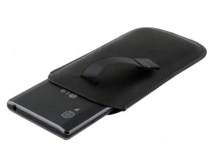 Synthetic Leather Slide-in Case with Pull-out Strap for LG Optimus L9 P760 - Classic Black