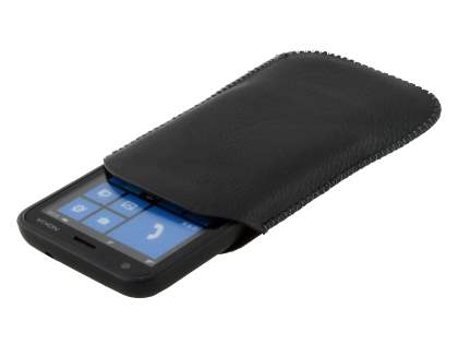 Synthetic Leather Slide-in Case with Pull-out Strap for Nokia Lumia 620 - Classic Black
